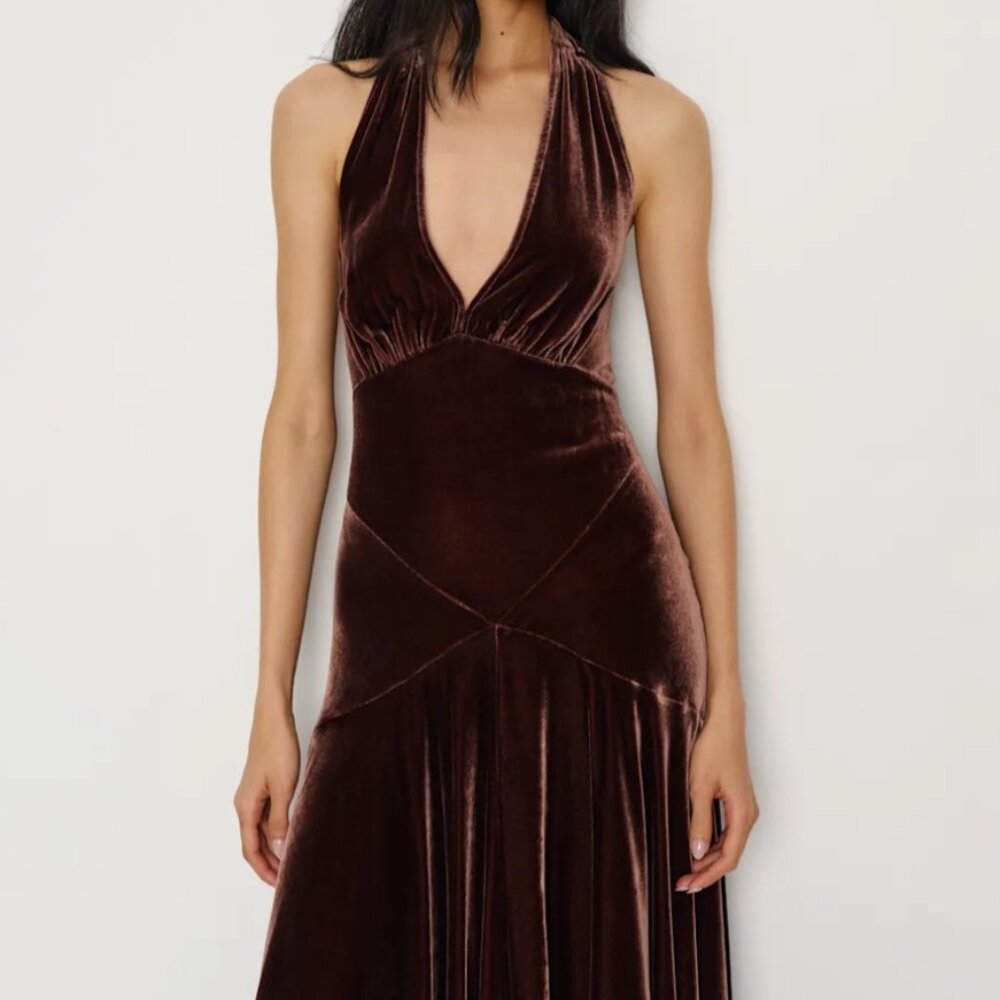 Reformation Briony Velvet Dress Brown - Size 0